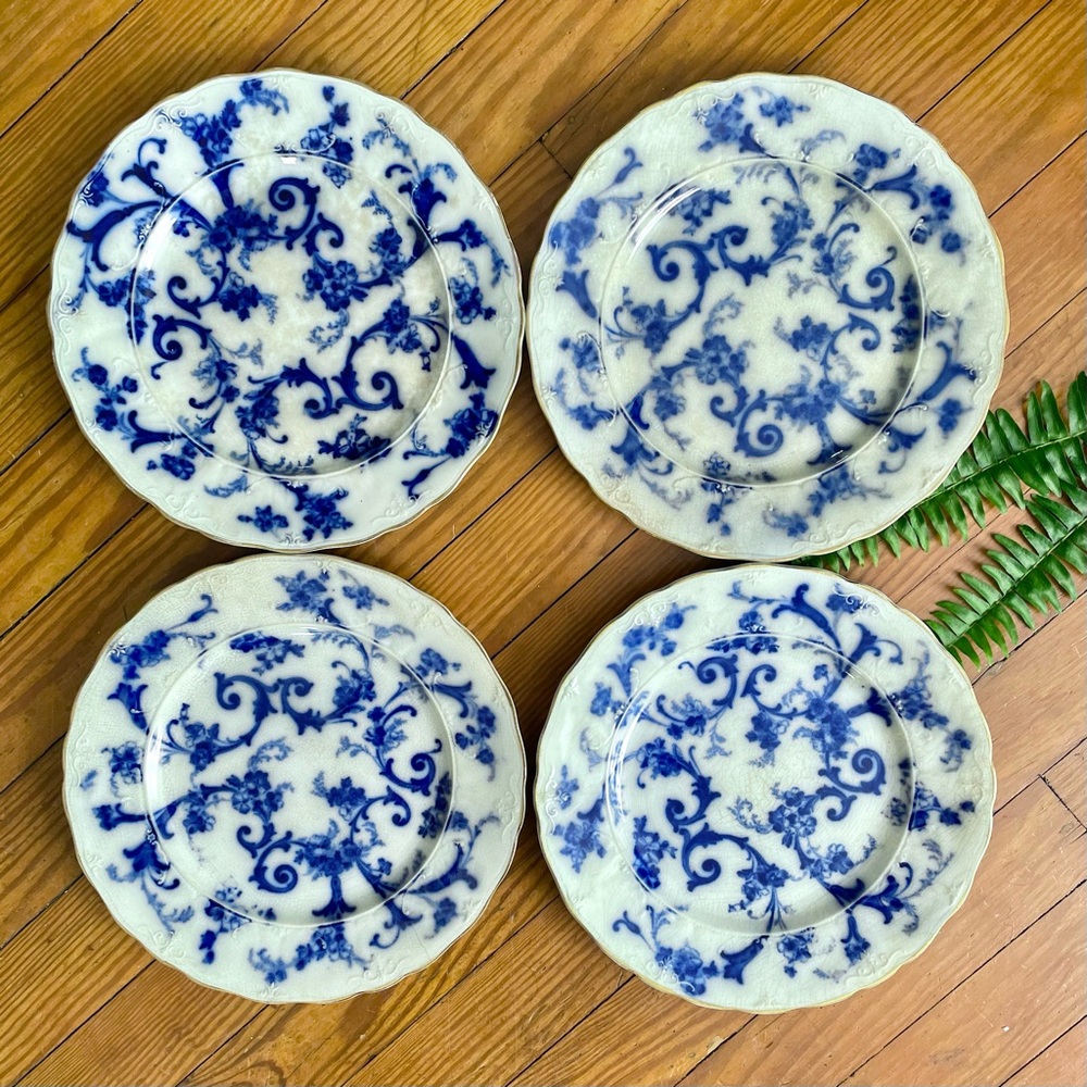 Antique Flow Blue Plate Ridgways England Royal Semi Porcelain Gainsborough x4